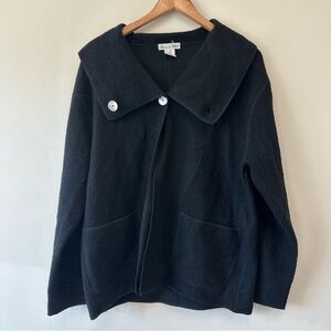 Vintage 100% Wool Black 2 Button Cardigan with Large Collar